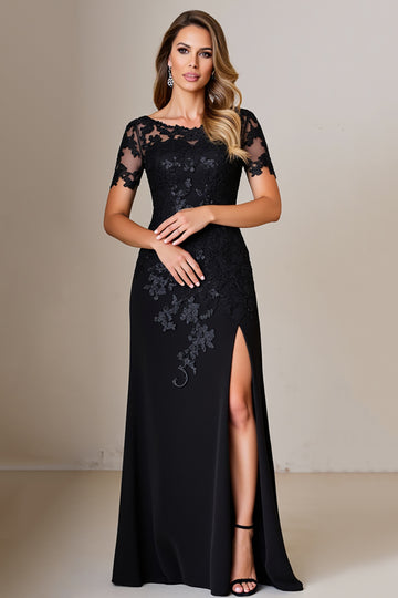 Black Sheath Satin Long Mother of the Bride Dress with Appliques